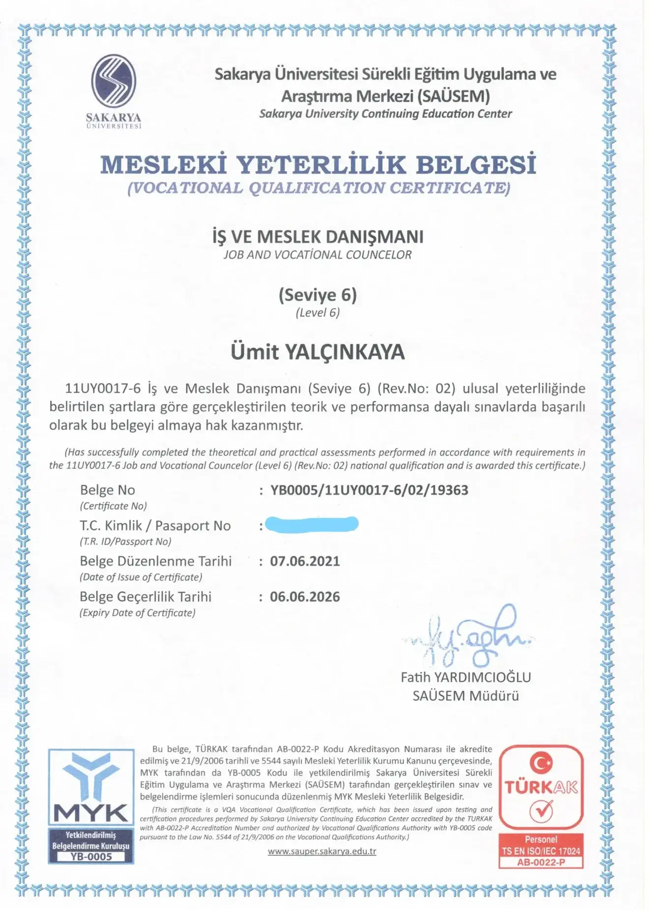 Mesleki Yeterlilik Belgesi