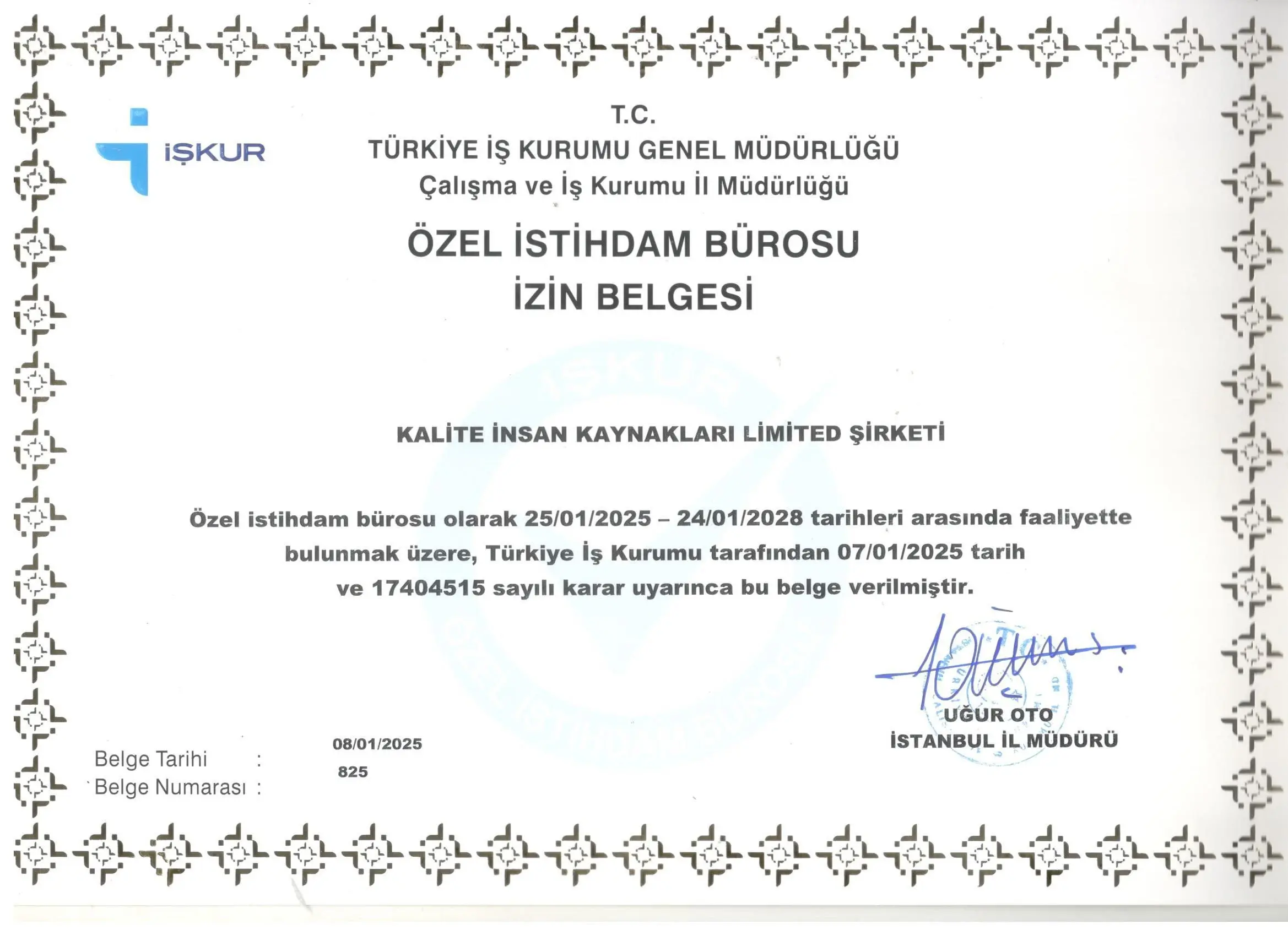Özel İstihdam Bürosu Belgesi